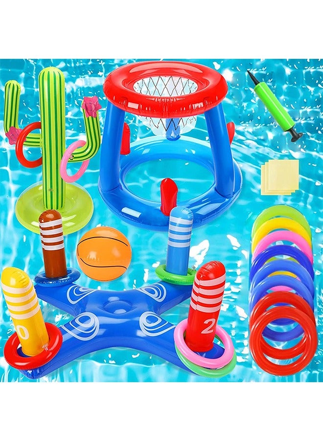 Beauenty Pool Toys Games Set 3 Sets Pool Floats Toys For Adults And Family  Floating Basketball Hoop & Inflatable Cactus Ring Toss Fun Summer Water Swimming Pool Games - Image 1