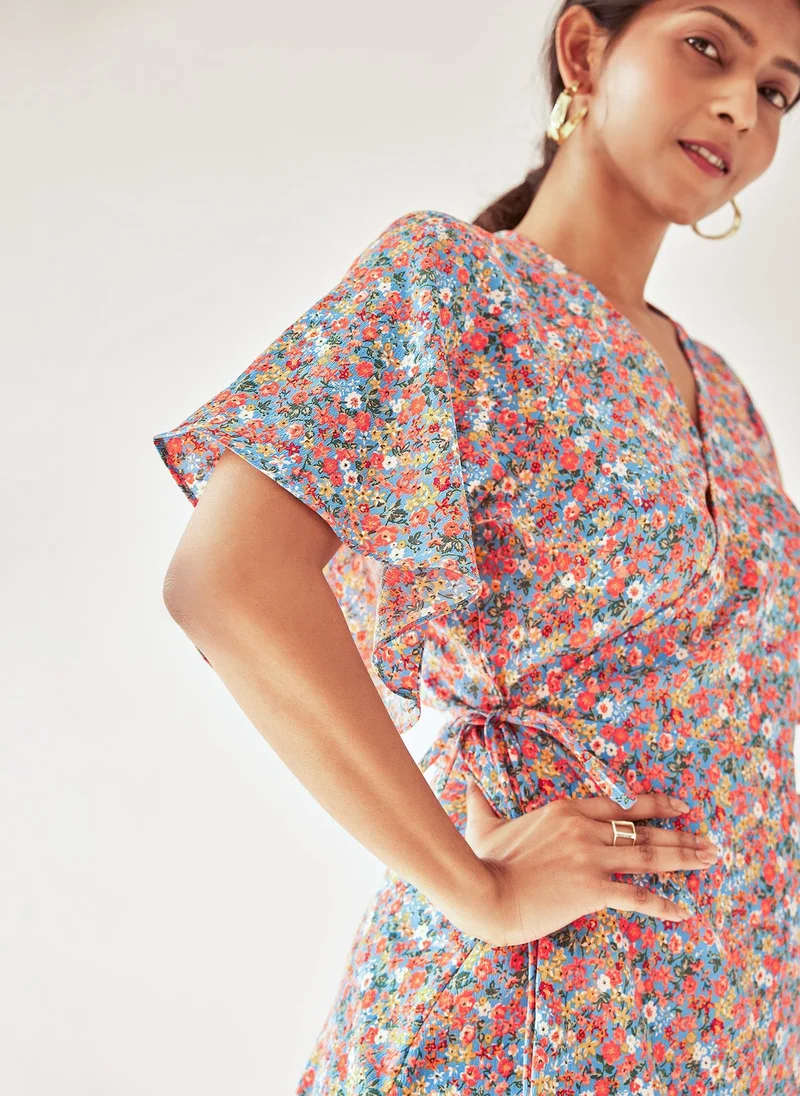 Azure Floral Wrap Dress – Chic & Flowy