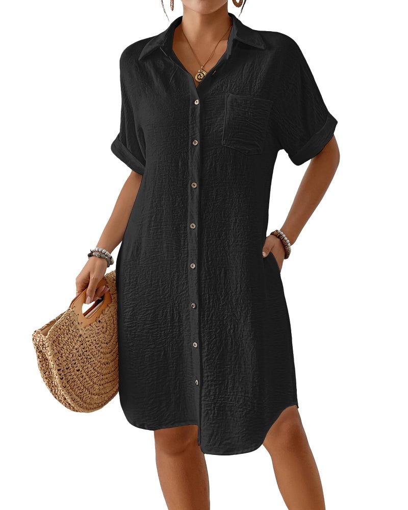 Bsubseach Womens Swimsuit Coverup Long Button Down Bathing Suit Cover Ups Short Sleeve Summer Beach Shirt Dress with Pockets Black XL - Image 1