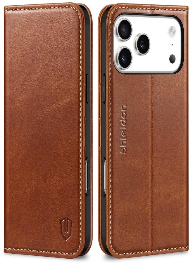 SHIELDON Wallet Case for iPhone 17 Pro Max 6.9-inch 2025, Genuine Leather, Magnetic, Flip Cover, Stand Function, RFID Blocking, Card Holder, Strap Holes, Shockproof TPU Shell - Retro Brown - Image 1