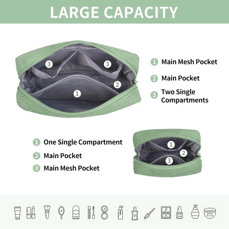 MAGEFY Small Makeup Bag Corduroy Make up Bag with Compartments Travel Cosmetics Bag for Women Girls Makeup Pouch, Green-2pcs - Image 2