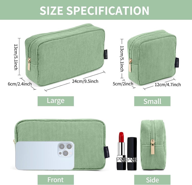 MAGEFY Small Makeup Bag Corduroy Make up Bag with Compartments Travel Cosmetics Bag for Women Girls Makeup Pouch, Green-2pcs - Image 5