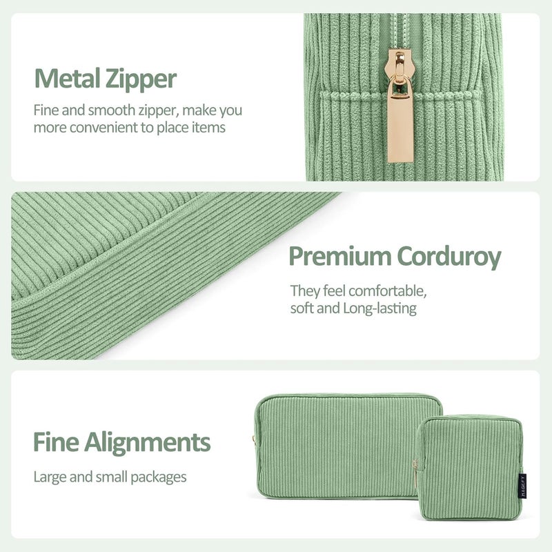 MAGEFY Small Makeup Bag Corduroy Make up Bag with Compartments Travel Cosmetics Bag for Women Girls Makeup Pouch, Green-2pcs - Image 4
