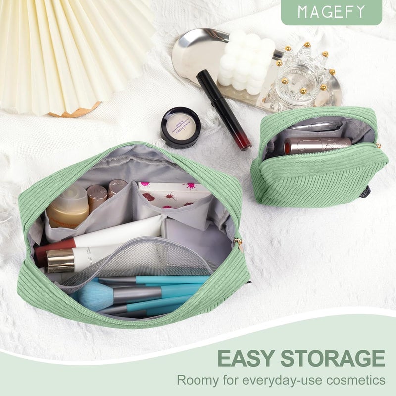 MAGEFY Small Makeup Bag Corduroy Make up Bag with Compartments Travel Cosmetics Bag for Women Girls Makeup Pouch, Green-2pcs - Image 3