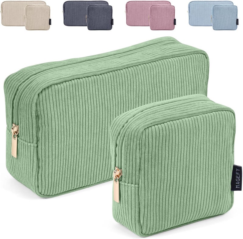MAGEFY Small Makeup Bag Corduroy Make up Bag with Compartments Travel Cosmetics Bag for Women Girls Makeup Pouch, Green-2pcs - Image 1