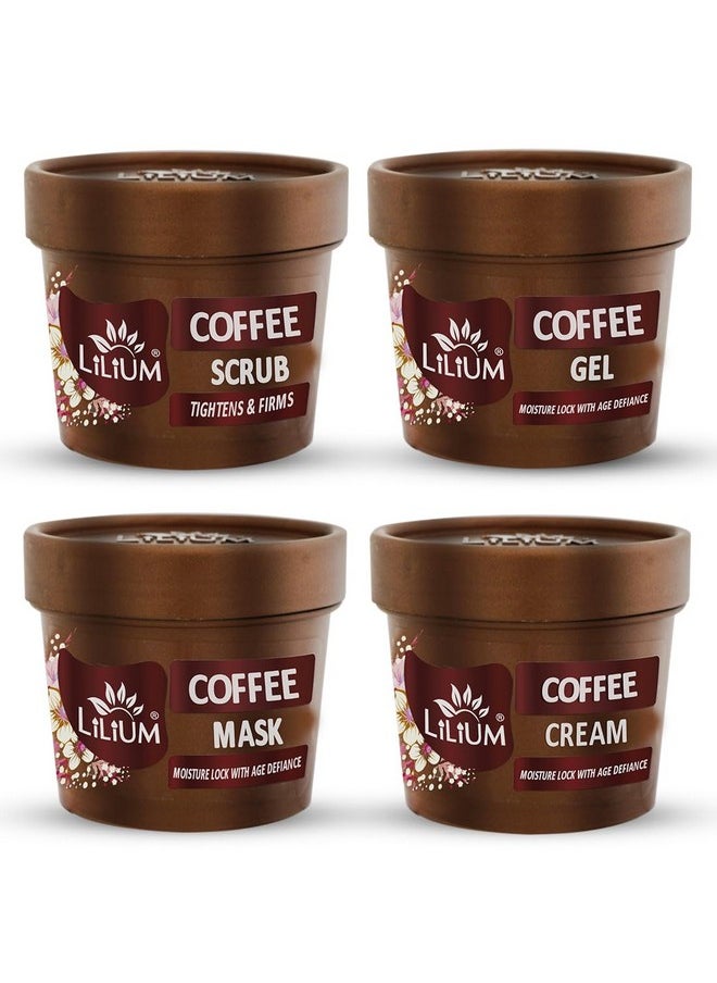LILIUM - Coffee Facial Kit, 400G, 4 Step Deep Cleansing & Glowing Skin Moisture Lock With Age Defiance, Extra Glow & Fair Complexion, Oily & Dry Skin, Women & Men, Paraben & Sulfate Free, Pack Of 4 - Image 1