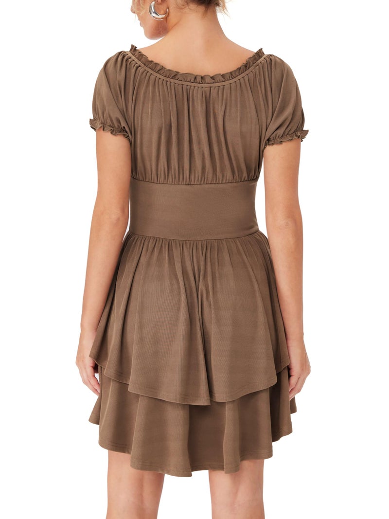 CIDER Womens Tiered Ruffle Mini Dress Square Neck Short Sleeve Casual Dresses Brown - Image 3