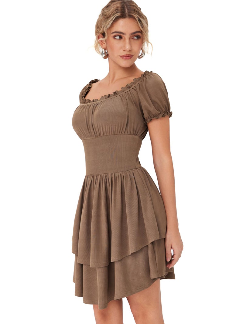 CIDER Womens Tiered Ruffle Mini Dress Square Neck Short Sleeve Casual Dresses Brown - Image 2