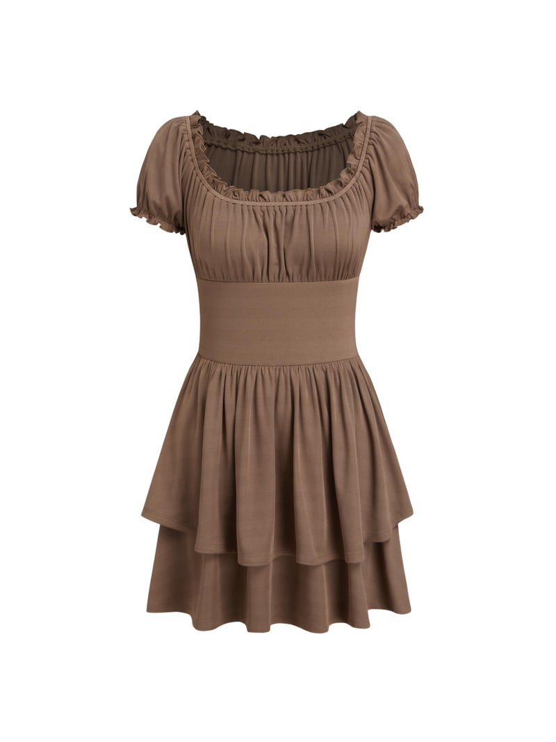 CIDER Womens Tiered Ruffle Mini Dress Square Neck Short Sleeve Casual Dresses Brown - Image 1