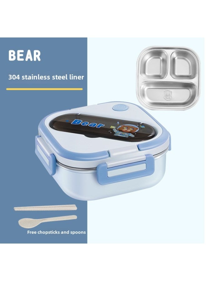 304 Stainless Steel Lunch Box Student Lunch Box Lunch Box Microwave Oven Compartment Lunch Box Work Insulation Cartoon Lunch Box-Specifications:Blue Space Bear Three Grid ]-Color:304 Stainless Steel Liner ]  - Image 1