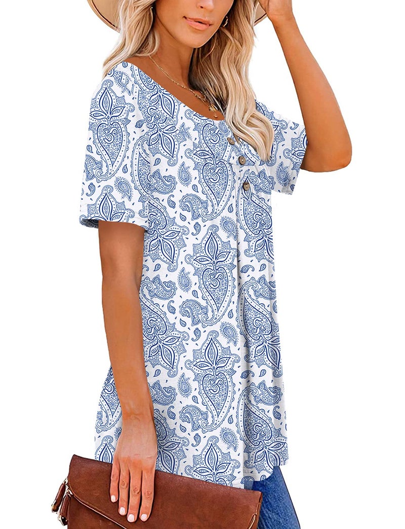 Mystry Zone Blue Tops Short Sleeve Summer Shirts Bottons Up Pleated U Neck Floral XL - Image 3
