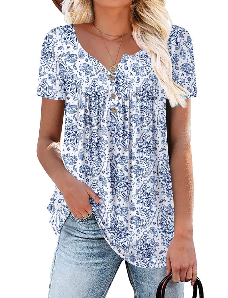 Mystry Zone Blue Tops Short Sleeve Summer Shirts Bottons Up Pleated U Neck Floral XL - Image 2