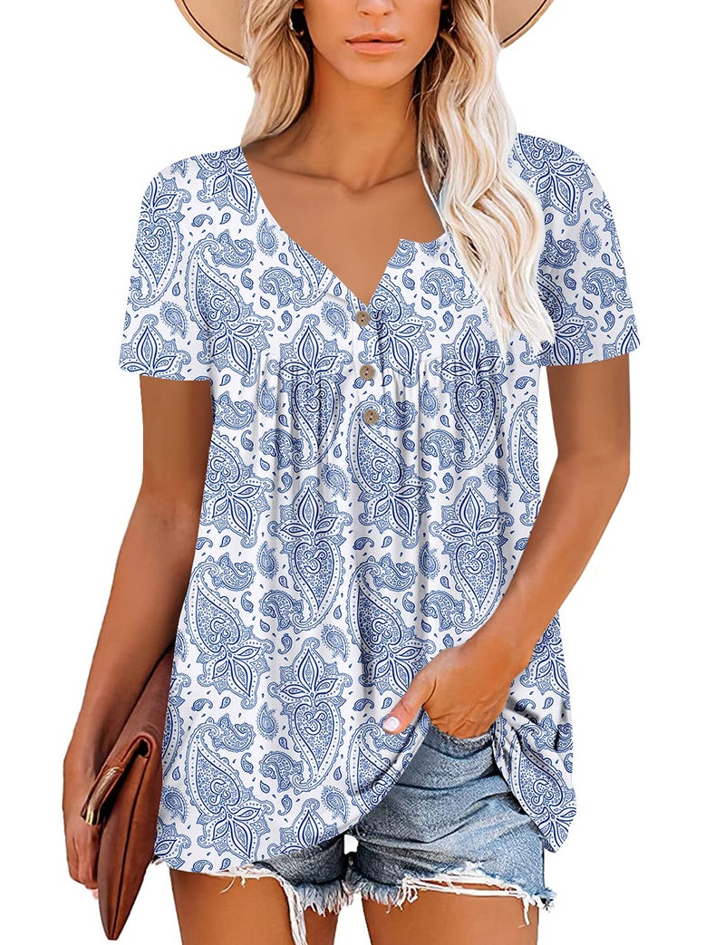 Mystry Zone Blue Tops Short Sleeve Summer Shirts Bottons Up Pleated U Neck Floral XL - Image 1