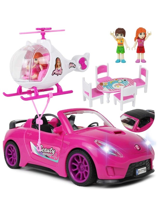 Little Rockz Doll Car Playset for Girls with Helicopter Dining Table Set 2 Figurines with Lights and Sounds Pink - Image 1