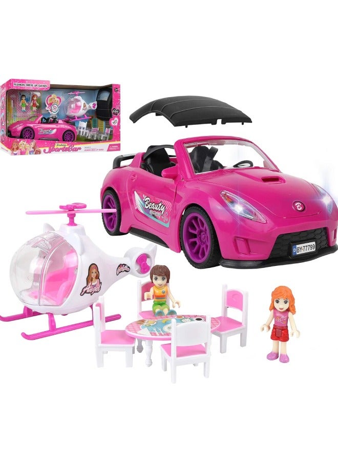 Little Rockz Doll Car Playset for Girls with Helicopter Dining Table Set 2 Figurines with Lights and Sounds Pink - Image 2
