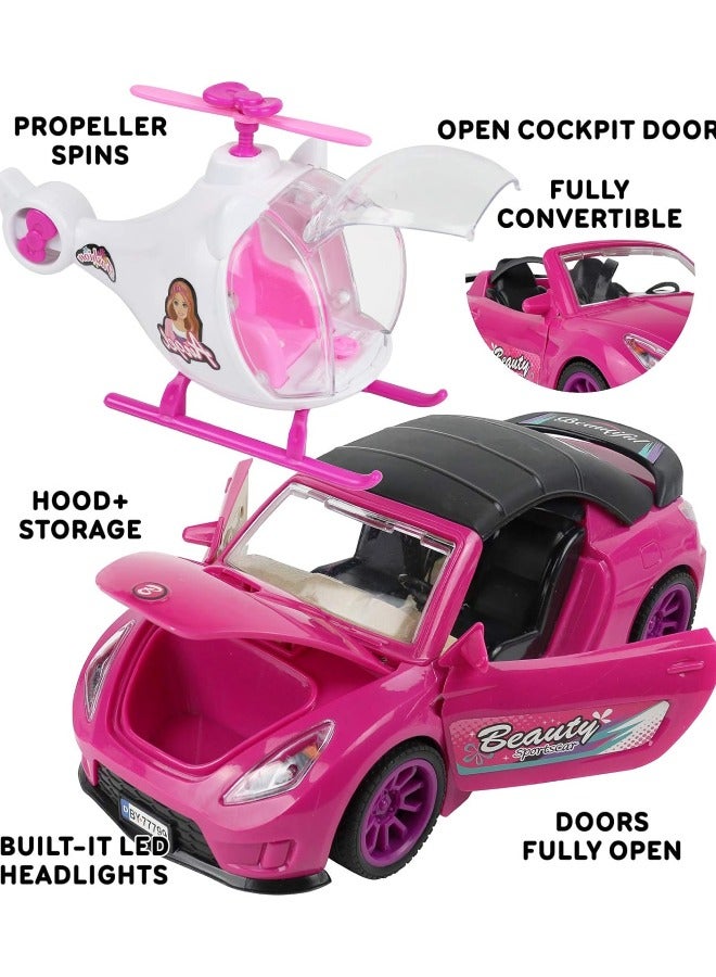 Little Rockz Doll Car Playset for Girls with Helicopter Dining Table Set 2 Figurines with Lights and Sounds Pink - Image 3