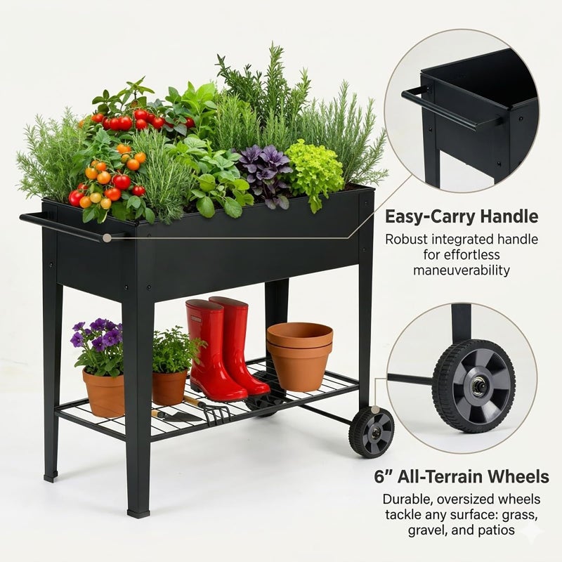 FOYUEE 31.5" Tall Raised Garden Bed with Wheels, Extra 15.7" W Planter Box (400 lbs Loads) with Storage Shelf & Handle,Heavy Duty Metal Garden Planter for Vegetables, Herbs & Flowers, Patio & Balcony - Image 4