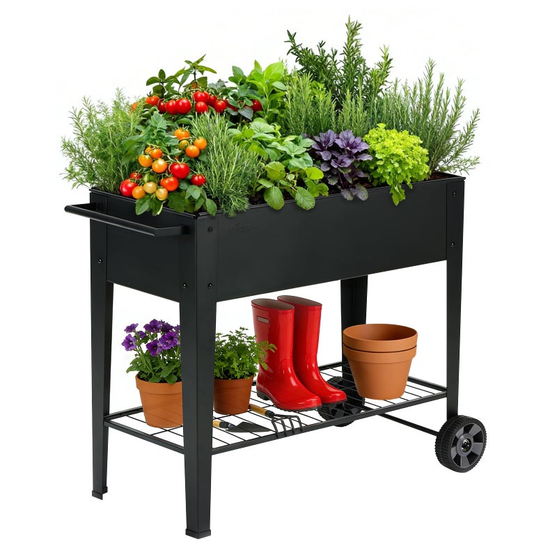 FOYUEE 31.5" Tall Raised Garden Bed with Wheels, Extra 15.7" W Planter Box (400 lbs Loads) with Storage Shelf & Handle,Heavy Duty Metal Garden Planter for Vegetables, Herbs & Flowers, Patio & Balcony - Image 1