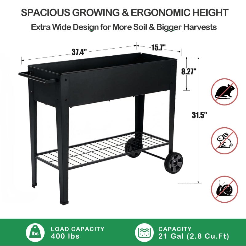 FOYUEE 31.5" Tall Raised Garden Bed with Wheels, Extra 15.7" W Planter Box (400 lbs Loads) with Storage Shelf & Handle,Heavy Duty Metal Garden Planter for Vegetables, Herbs & Flowers, Patio & Balcony - Image 2