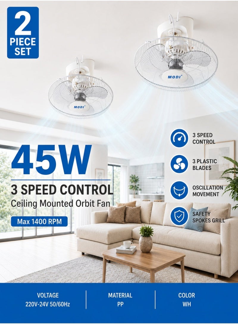 MODI 2 Pcs Ceiling Mounted Orbit Fan 45W, 16 Inch Cooling Fan With 3 Speed Control, Oscillation Movement, 3 Plastic Blades, Safety Spokes Grill, Max 1400 RPM, White, For Home Office Kitchen Living Room Use - Image 1