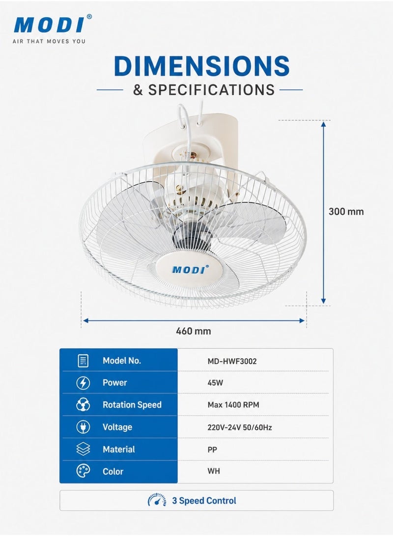 MODI 2 Pcs Ceiling Mounted Orbit Fan 45W, 16 Inch Cooling Fan With 3 Speed Control, Oscillation Movement, 3 Plastic Blades, Safety Spokes Grill, Max 1400 RPM, White, For Home Office Kitchen Living Room Use - Image 2