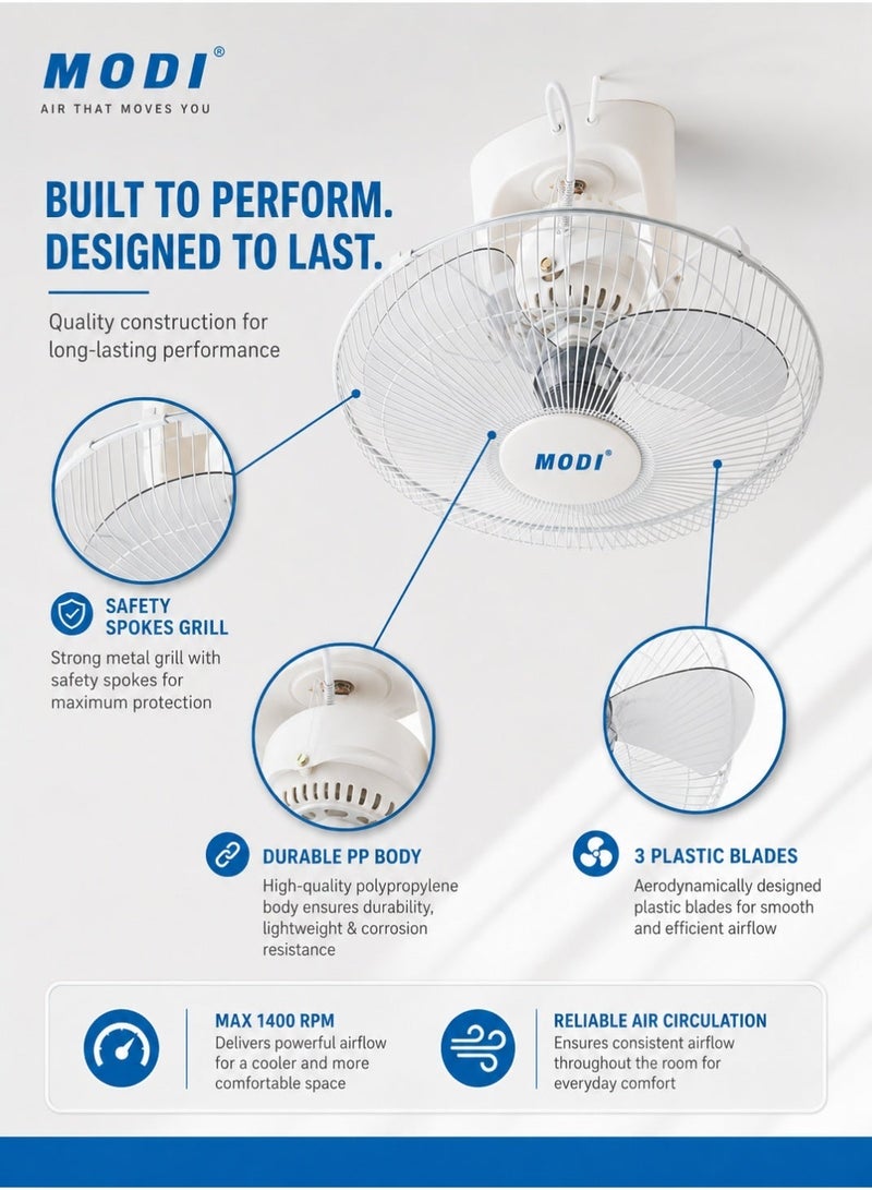 MODI 2 Pcs Ceiling Mounted Orbit Fan 45W, 16 Inch Cooling Fan With 3 Speed Control, Oscillation Movement, 3 Plastic Blades, Safety Spokes Grill, Max 1400 RPM, White, For Home Office Kitchen Living Room Use - Image 5