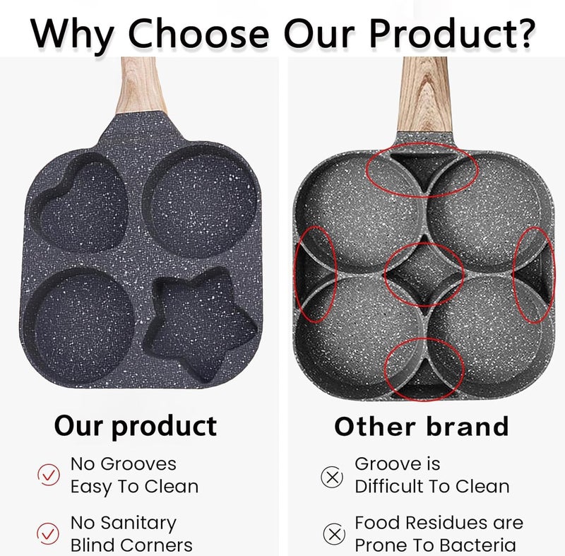 JUSTUP Nonstick Frying Pan,4-Cup Egg Pan Nonstick Divided Grill Frying Pan, 7.5 Inch Healthy Granite Egg Pan with Anti-scald Handle, Breakfast Skillet for Pancakes,Bacons (Black) - Image 4