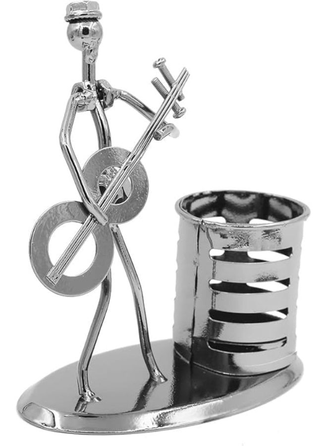 Creative Guitar Player Metal Pen Holder - Unique Office Desk Organizer & Decor - Handcrafted Iron Art - Silver Color. - Image 1