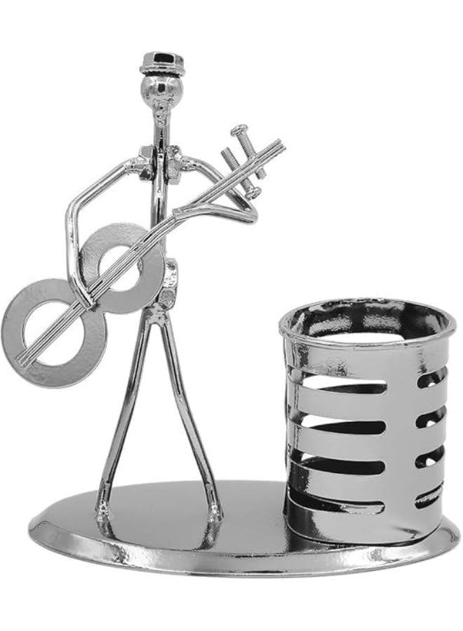 Creative Guitar Player Metal Pen Holder - Unique Office Desk Organizer & Decor - Handcrafted Iron Art - Silver Color. - Image 2