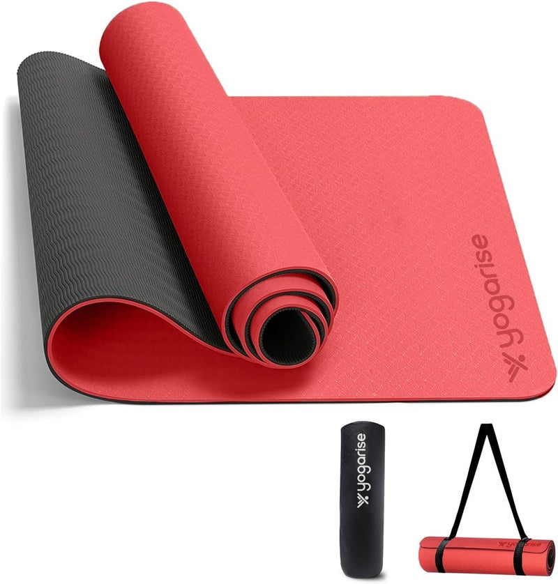 YOGARISE يوجاريس 8 مم حصيرة يوغا مع حقيبة ��مل وحزام، حصيرة يوغا لل��ساء والرجال، مادة TPE فاخرة، حصيرة تمرين سميكة إضافية للتمارين الرياضية واليوغا واللياقة البدنية، حصيرة تمرين مانعة للانزلاق، حصيرة يوغا وجيم (أحمر وأسود) - Image 1