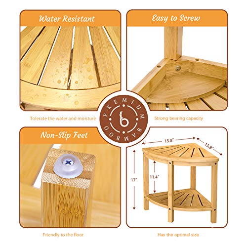 Bamfan Bamboo Corner Shower Bench Waterproof Stool with Space-Efficient Storage Shelf - Shower Stool Seat for Indoor or Outdoor Use - Image 5
