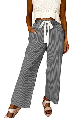 Acelitt Womens Casual Fashion 2026 Fall Striped Pants Elastic Waist High Waist Wide Leg Linen Pants Trousers Gray Large - Image 2