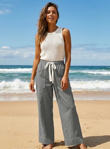 Acelitt Womens Casual Fashion 2026 Fall Striped Pants Elastic Waist High Waist Wide Leg Linen Pants Trousers Gray Large - Image 4