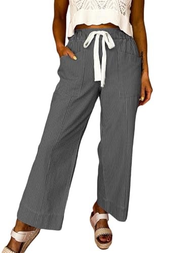 Acelitt Womens Casual Fashion 2026 Fall Striped Pants Elastic Waist High Waist Wide Leg Linen Pants Trousers Gray Large - Image 1