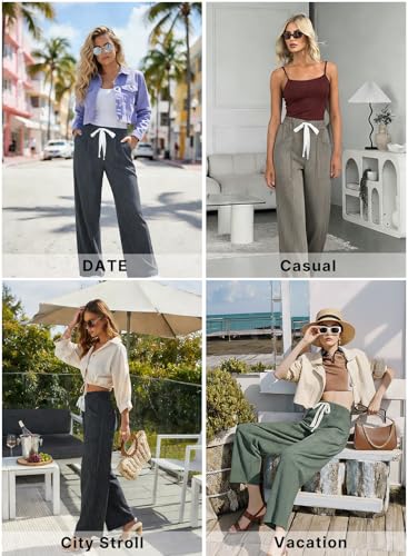 Acelitt Womens Casual Fashion 2026 Fall Striped Pants Elastic Waist High Waist Wide Leg Linen Pants Trousers Gray Large - Image 5