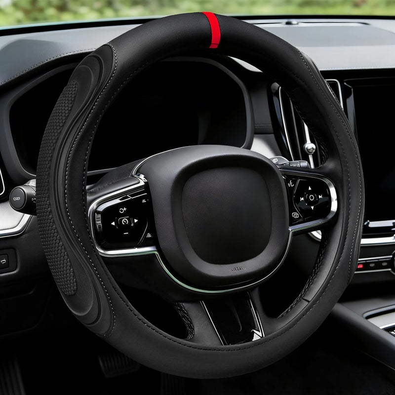 XCBYT Steering Wheel Cover Black Leather Steering Wheel Wrap Great Grip with 3D Honeycomb Quick and Effortless Installation NonSlip Silicone Inner Ring for Women Man Universal Fit 14515 Inch - Image 2