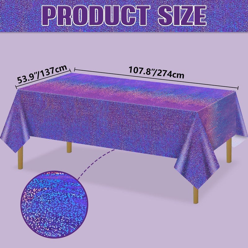 PTECDROTS 4Pcs Purple Holographic Tablecloths Rectangular Purple Iridescent Tablecloth Shimmer Metallic Table Covers for Butterfly Mermaid Party Birthday Wedding Christmas Holiday Party Decorations, 54x108Inch - Image 2