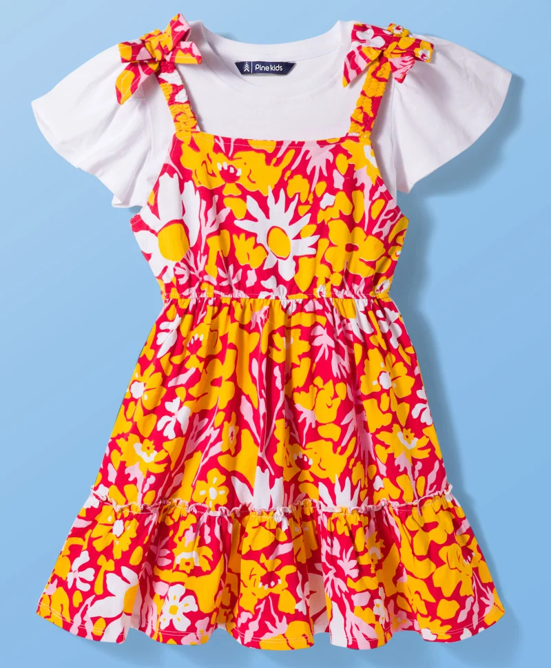 Pine Kids Pine Kids Cotton Knit Half Flutter Sleeves Tiered Frock with Inner T-Shirt & Floral Print - Multicolor