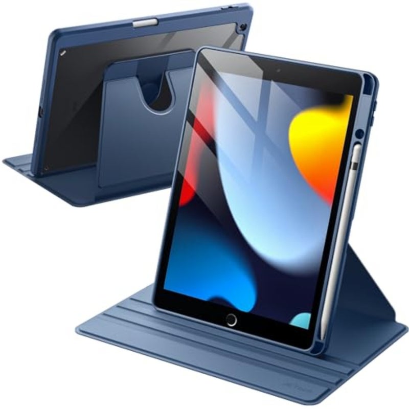 حافظة دوارة لجهاز iPad 9/8/7 مقاس 10.2 بوصة، موديل 2021/2020/2019، الجيل التاسع/الثامن/السابع مع حامل أقلام، غطاء حامل واقٍ قابل للدوران 360 درجة، ظهر شفاف، تنبيه/نوم تلقائي (كحلي) - Image 1