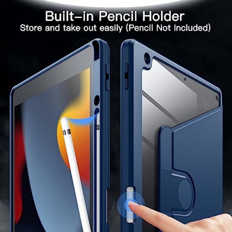 حافظة دوارة لجهاز iPad 9/8/7 مقاس 10.2 بوصة، موديل 2021/2020/2019، الجيل التاسع/الثامن/السابع مع حامل أقلام، غطاء حامل واقٍ قابل للدوران 360 درجة، ظهر شفاف، تنبيه/نوم تلقائي (كحلي) - Image 5