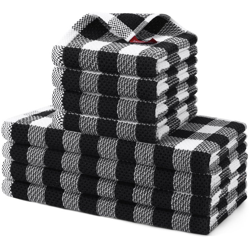 homing Buffalo Plaid Kitchen Towels and Dishcloths Set, 12" x 12" and 13" x 28", Set of 8 Bulk Cotton Waffle Weave Dish Towels, Super Soft Absorbent Hand Towels for Kitchen, Black & White - Image 1