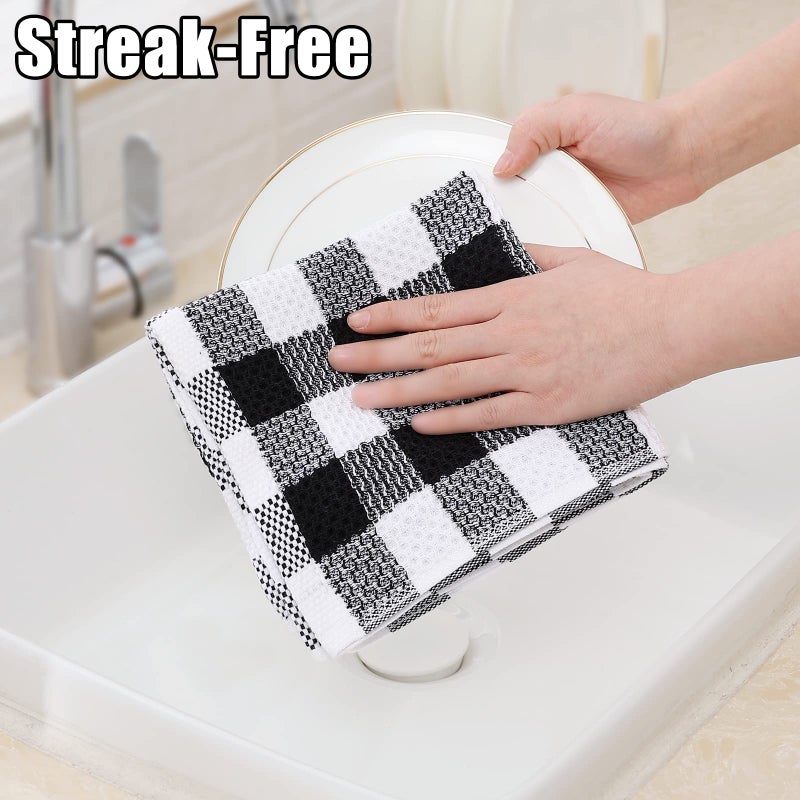 homing Buffalo Plaid Kitchen Towels and Dishcloths Set, 12" x 12" and 13" x 28", Set of 8 Bulk Cotton Waffle Weave Dish Towels, Super Soft Absorbent Hand Towels for Kitchen, Black & White - Image 4