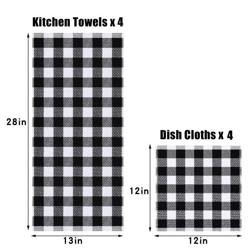 homing Buffalo Plaid Kitchen Towels and Dishcloths Set, 12" x 12" and 13" x 28", Set of 8 Bulk Cotton Waffle Weave Dish Towels, Super Soft Absorbent Hand Towels for Kitchen, Black & White - Image 5