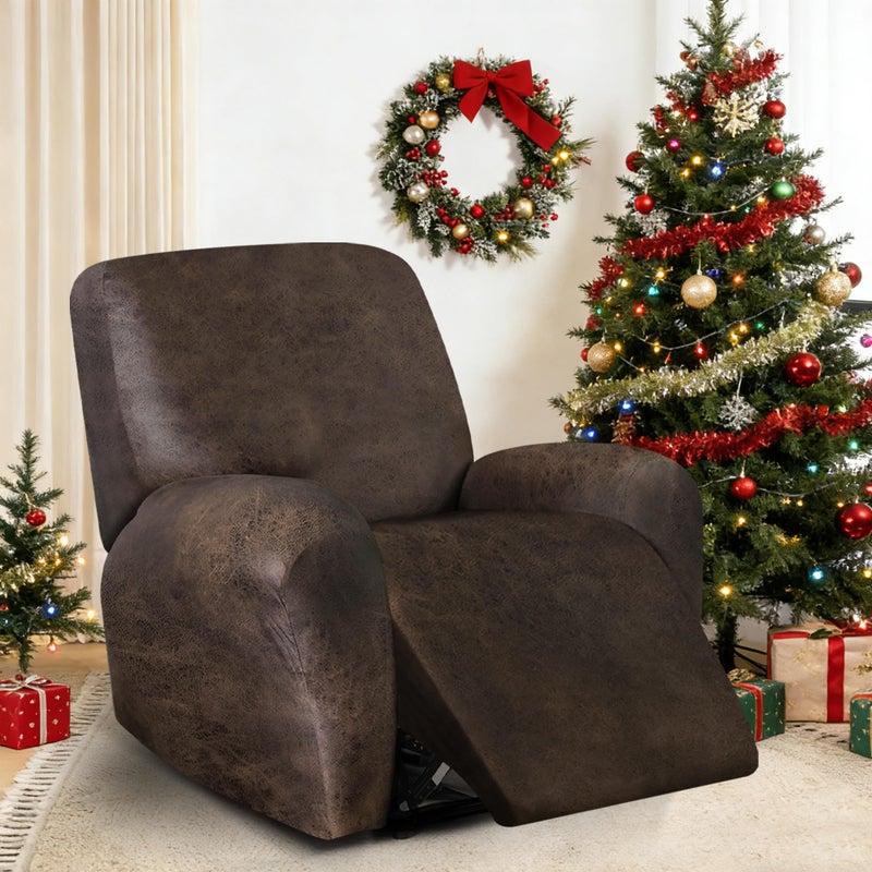 ANARACHON Leather Look Recliner Chair Covers, 4-Pieces Stretch Recliner Cover, Soft Reclining Chair Slipcover, Washable Furniture Protector for Lazy Boy Recliner (1 Seater, Brown) - Image 2
