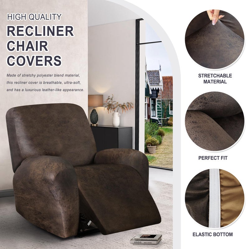 ANARACHON Leather Look Recliner Chair Covers, 4-Pieces Stretch Recliner Cover, Soft Reclining Chair Slipcover, Washable Furniture Protector for Lazy Boy Recliner (1 Seater, Brown) - Image 5