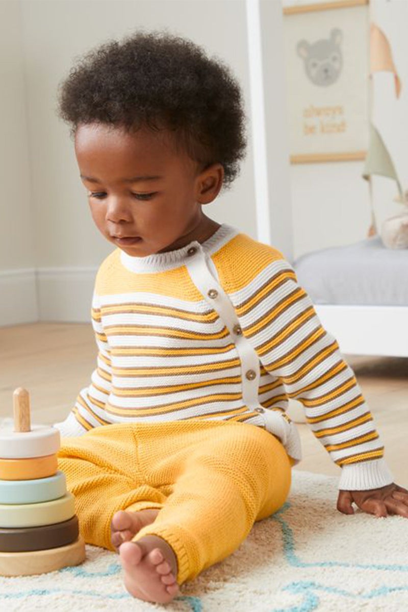 Tchibo Toddlers Boy 2 Piece Stripe Top And Bottom Set, Yellow Combo - Image 1