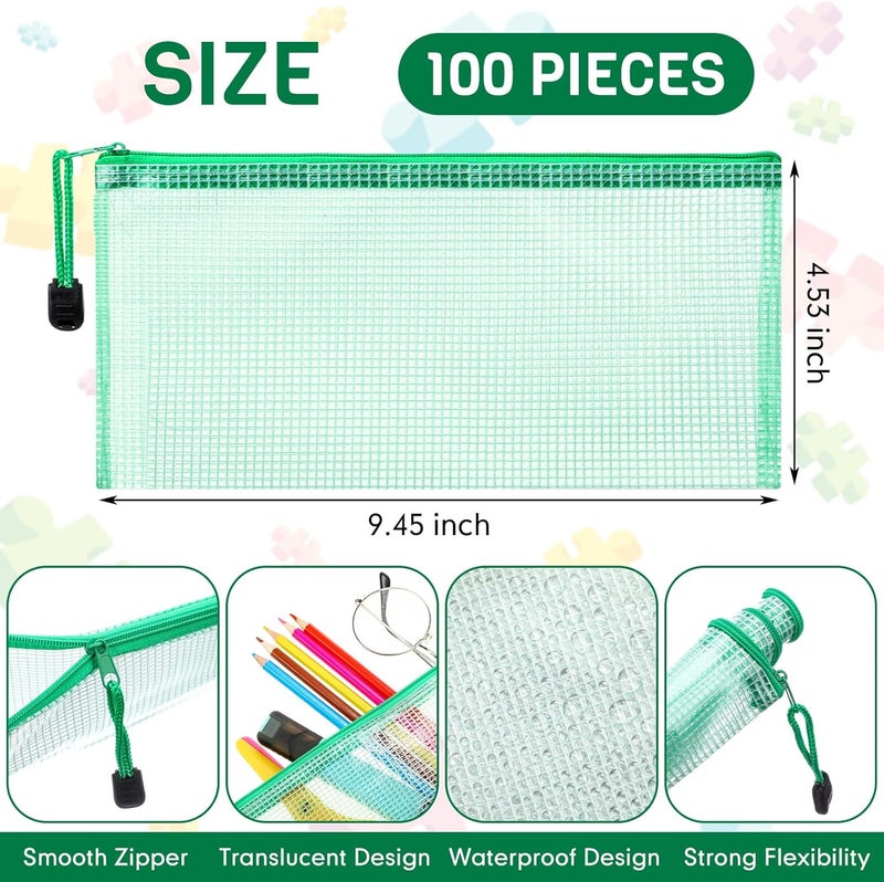 Handepo 100 Pack Mesh Zipper Pouch Pencil Pouches Bulk Clear Storage Bag Small Waterproof Purse Bag Multipurpose for Cash Board Game Passport Office(A6/9.45x4.53in,Green) - Image 2