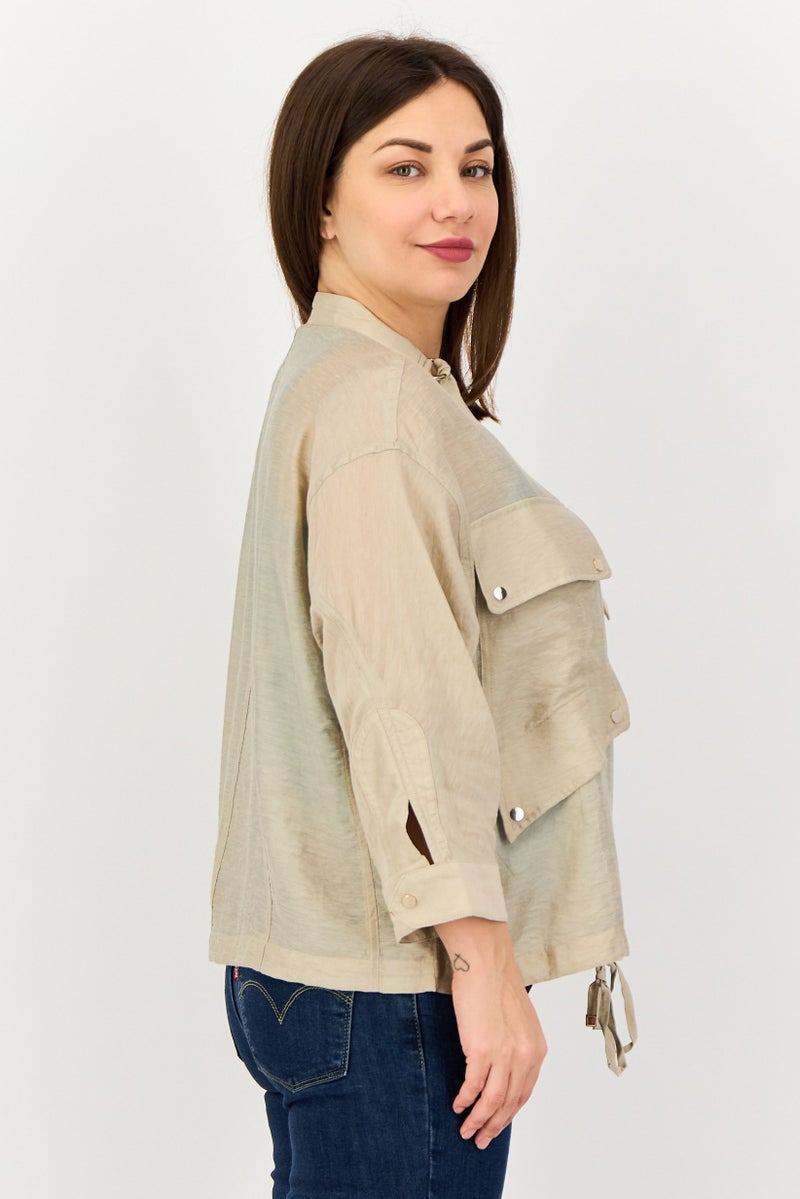 SELECTED Women Crew Neck Long Sleeve Stripe Shirt, Taupe - Image 2