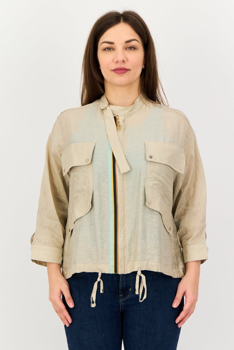 SELECTED Women Crew Neck Long Sleeve Stripe Shirt, Taupe - Image 1