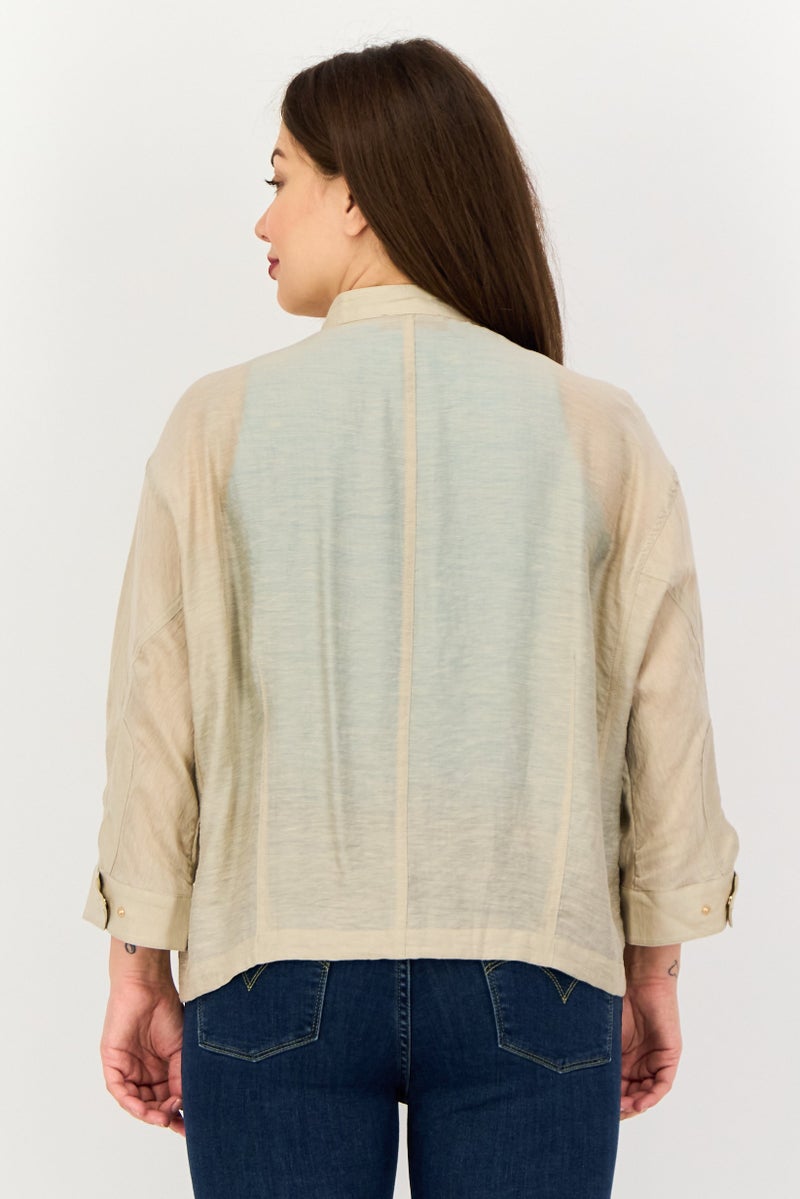 SELECTED Women Crew Neck Long Sleeve Stripe Shirt, Taupe - Image 3